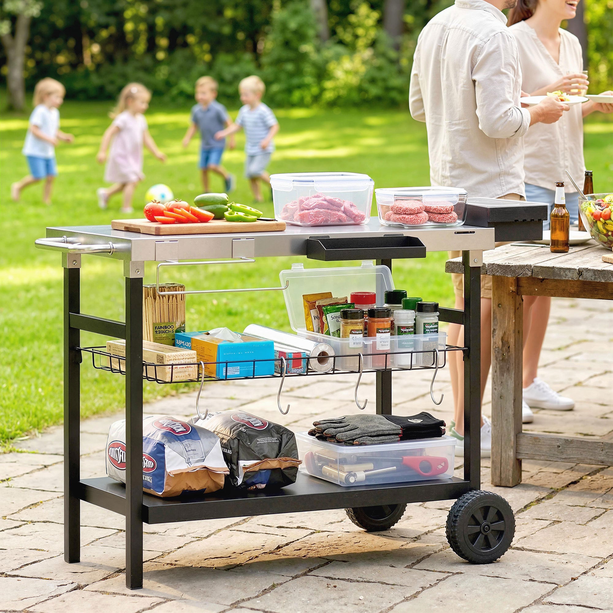 Outsunny Carrello Barbecue da Esterno con Piano in Acciaio Inossidabile, Porta Spezie, Ganci e Maniglia Laterale, Nero - 2