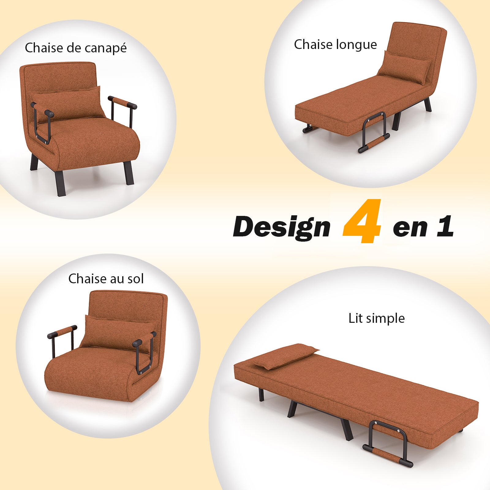 4 in 1 Poltrona Letto Singolo, Poltroncina Pieghevole con Schienale Regolabile in 6 Posizioni, Sedile Imbottito Robusto, Divano Letto per Casa - 6