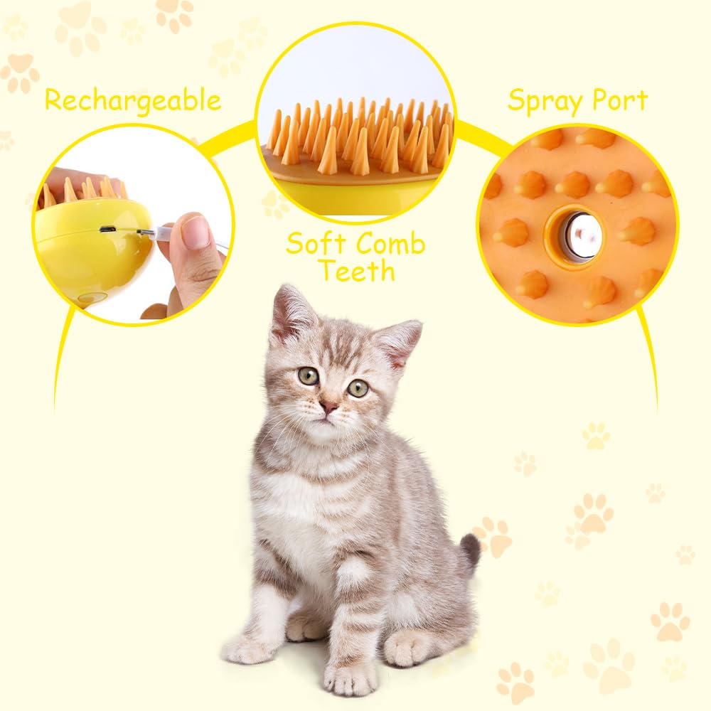 2 uds 4 en 1 cepillo de vapor multifuncional para gatos, cepillo de vapor autolimpiante para eliminar el pelo enredado y suelto (amarillo) - 7