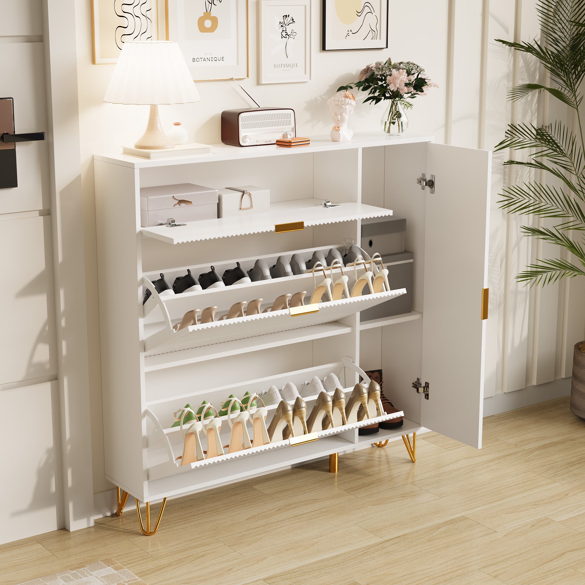 Meuble à chaussures d'entrée incliné, meuble à chaussures, étagère à chaussures de salon avec tiroirs de rangement supplémentaires, blanc - 2