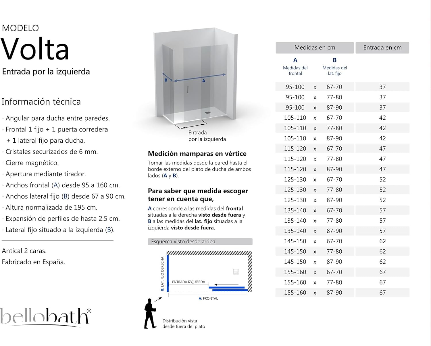 BELLOBATH - Cabina de duche angular 1 porta deslizante + 2 fixas - Vidro Antical - Negro - Largura Adaptável 105-110x67-70 - Porta Esquerda - 5