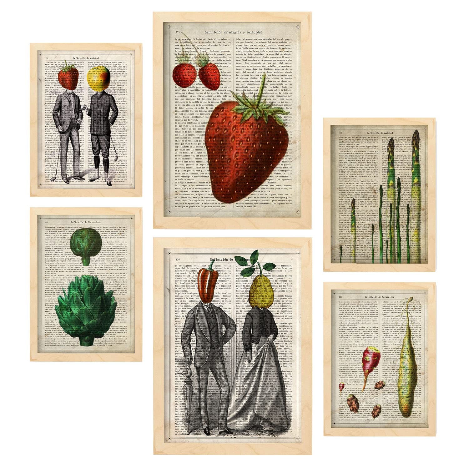 Nacnic posters de cocina ilustraciones estilo enciclopedia vintage con frutas y verduras estilo de vida saludable a4 & a3 marcos color madera