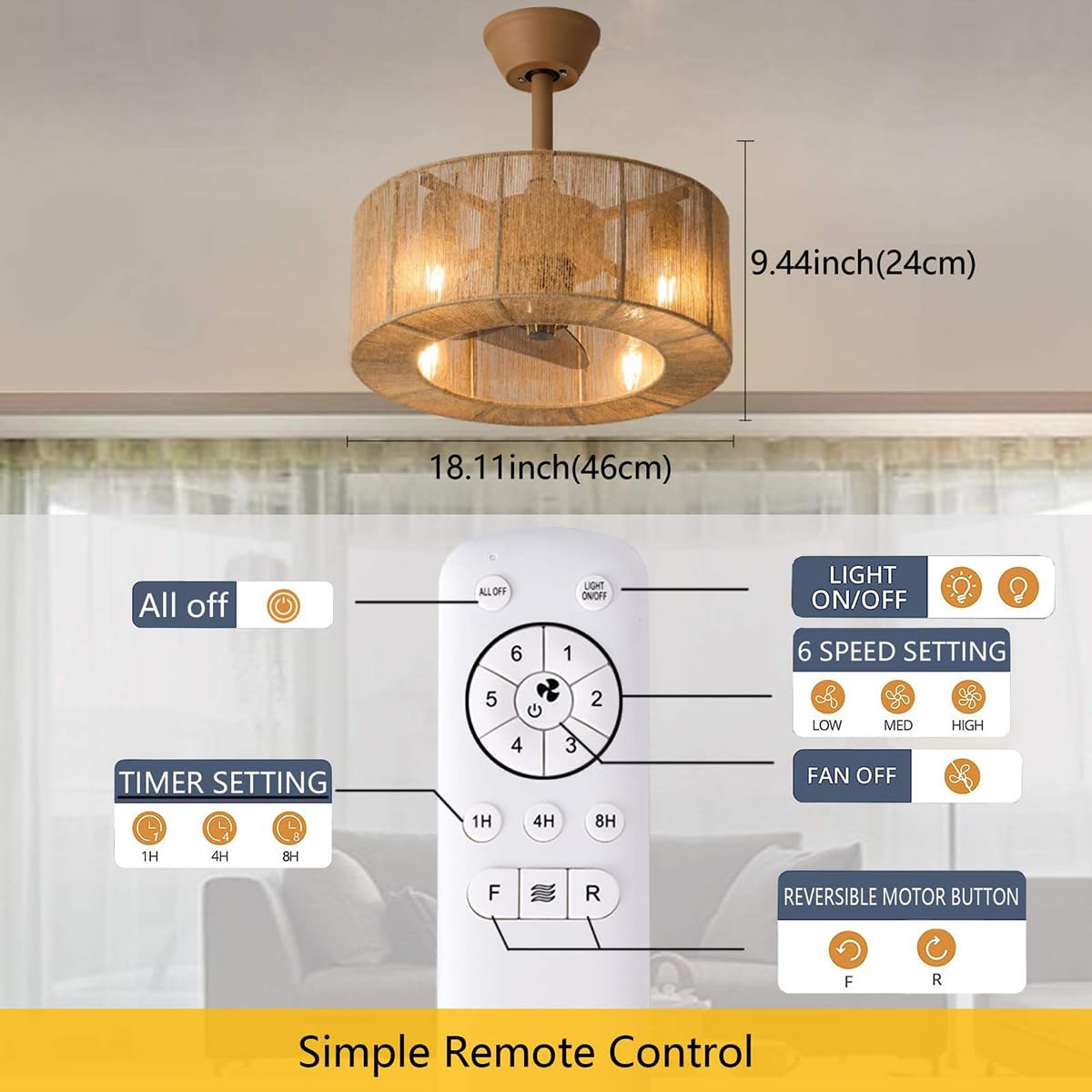 Wentylator sufitowy z oświetleniem i pilotem, żyrandol w stylu boho z wentylatorem, 6 prędkości wiatru, timer, regulowana wysokość, φ 45CM - 4