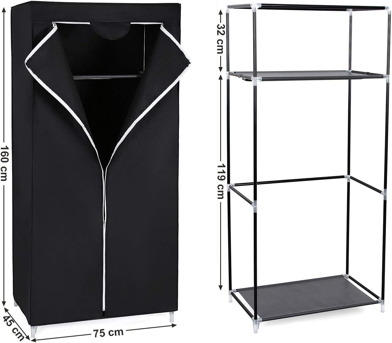 Armoire en Tissu, Penderie Pliante avec Tringle de Suspension, Dressing Simple, Organiseur pour Jouets, Chaussures, Sacs, Salon, 75 x 45 x 160cm, Noir - 5