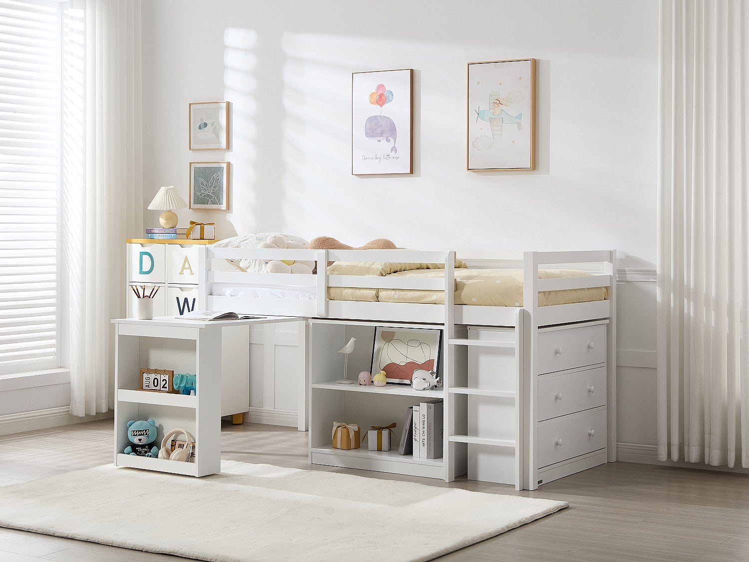 Łóżko piętrowe 90 x 190 cm ze skrzynią i i rozsuwanym biurkiem - Drewno sosnowe i MDF - Biały + Materac - ABRENO