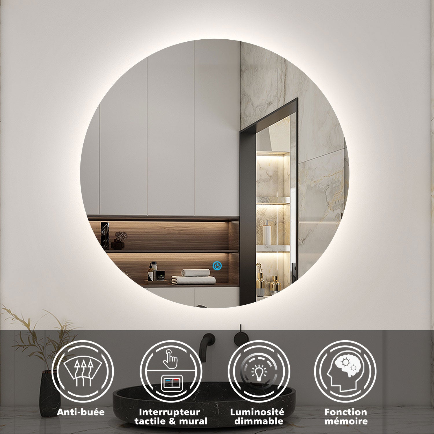 AICA LED Miroir lumineux rond 60cm anti-buée + dimmable + mémoire miroir salle de bain - 2