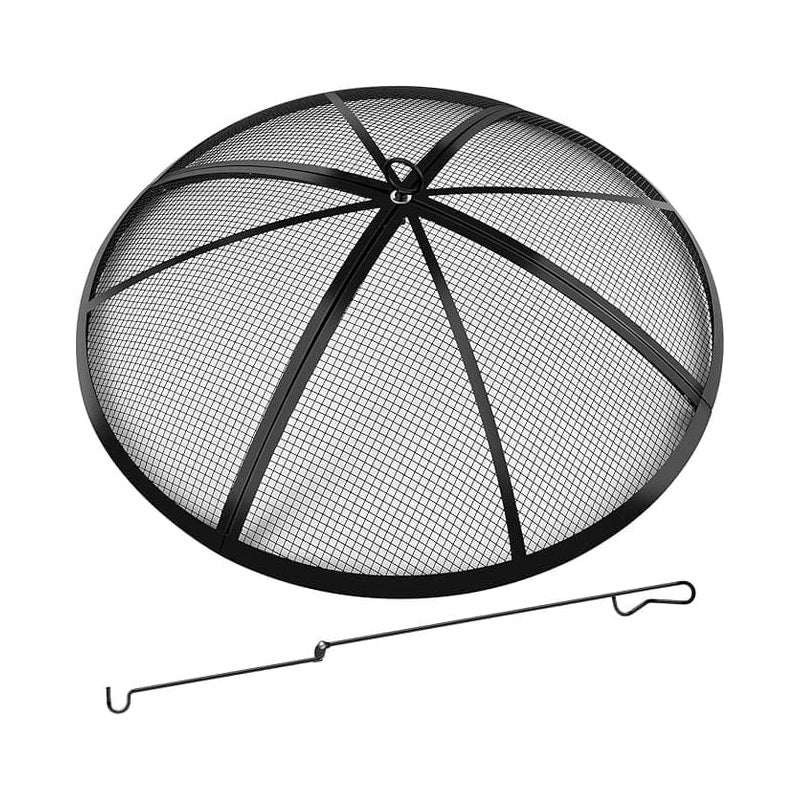 Okrągła osłona przeciwiskrowa 56 cm do paleniska na zewnątrz, stal nierdzewna, składana z uchwytem i pogrzebaczem, odporna na ciepło