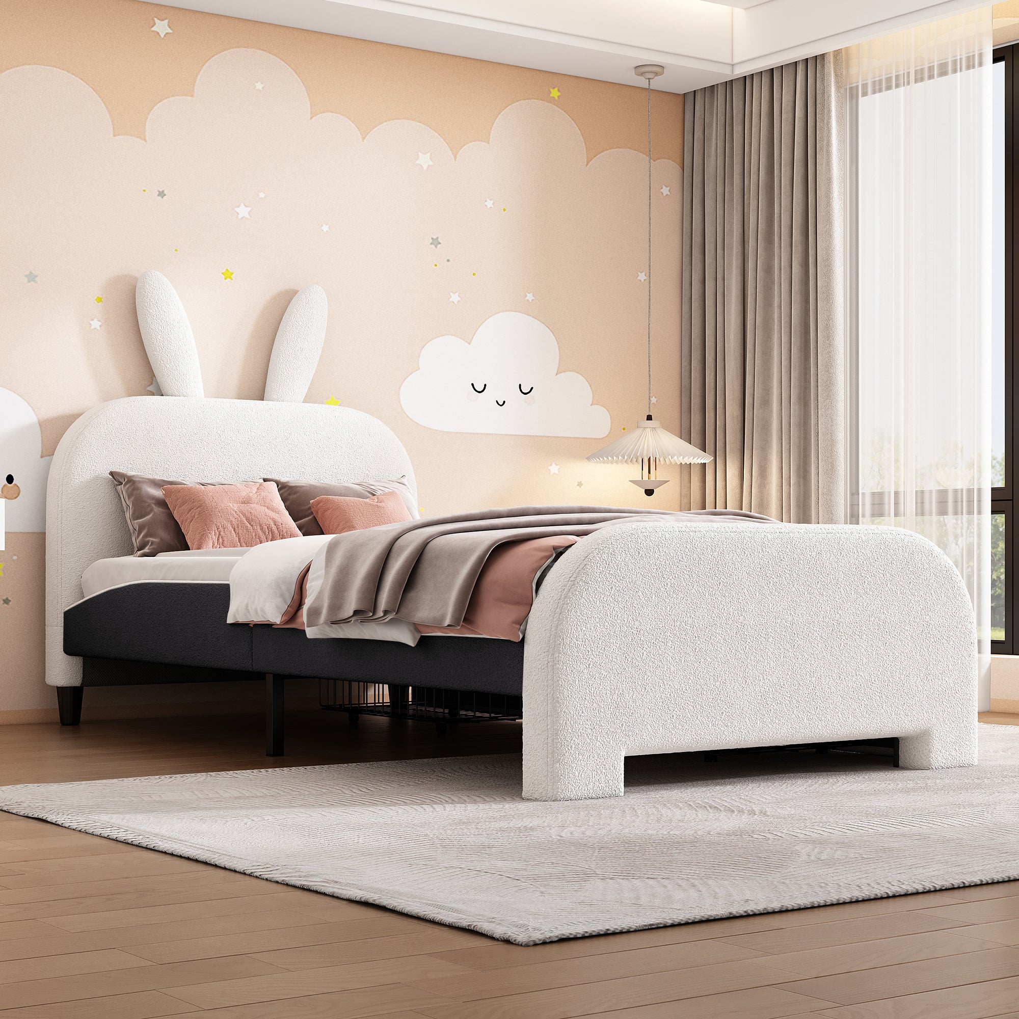 Łóżko dziecięce 90x200 cm z 2 szufladami - zagłówek w kształcie króliczka - białe