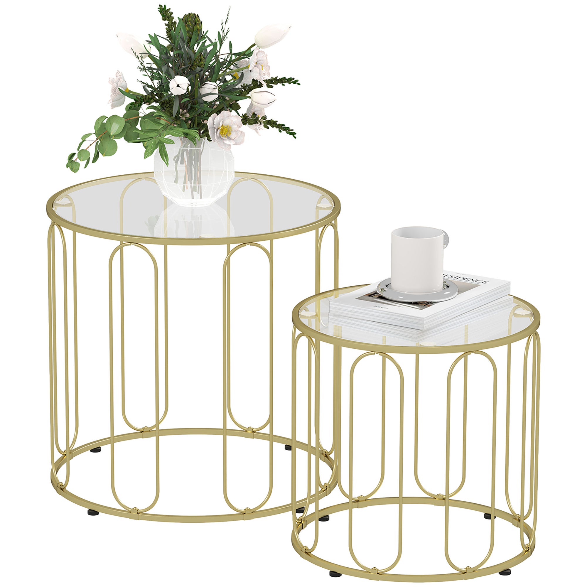 Lot de 2 tables basses gigognes rondes modernes avec cadre en métal et plateau en verre trempé, ton doré - 2