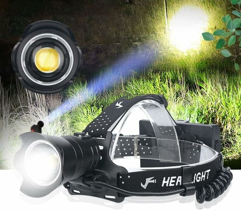 Ładowalna latarka czołowa LED - 15000 lumenów, super jasna, z zoomem XHP90.2, 3 tryby (polowanie, wędkarstwo, camping)