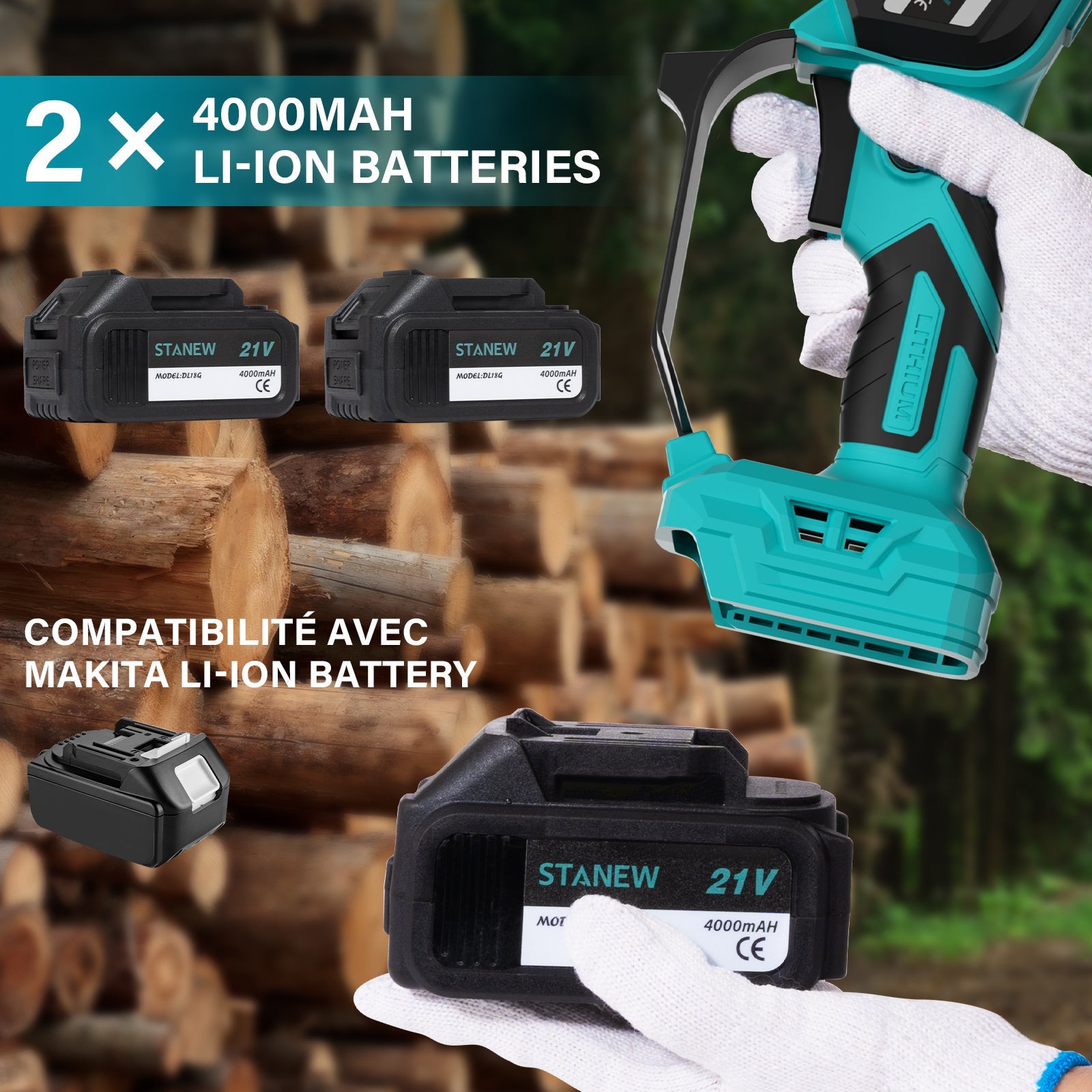 STANEW Tronçonneuse rétractable 2 en 1 et mini tronçonneuse sans balais avec 2 batteries 4000mAh, 6