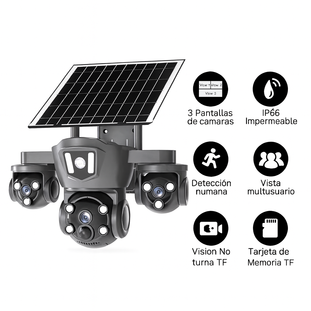 Caméra de Surveillance Solaire WiFi Extérieure 4MP à 3 Objectifs, Vision Nocturne, Détection Humaine IA, 360°, IP66 - 2