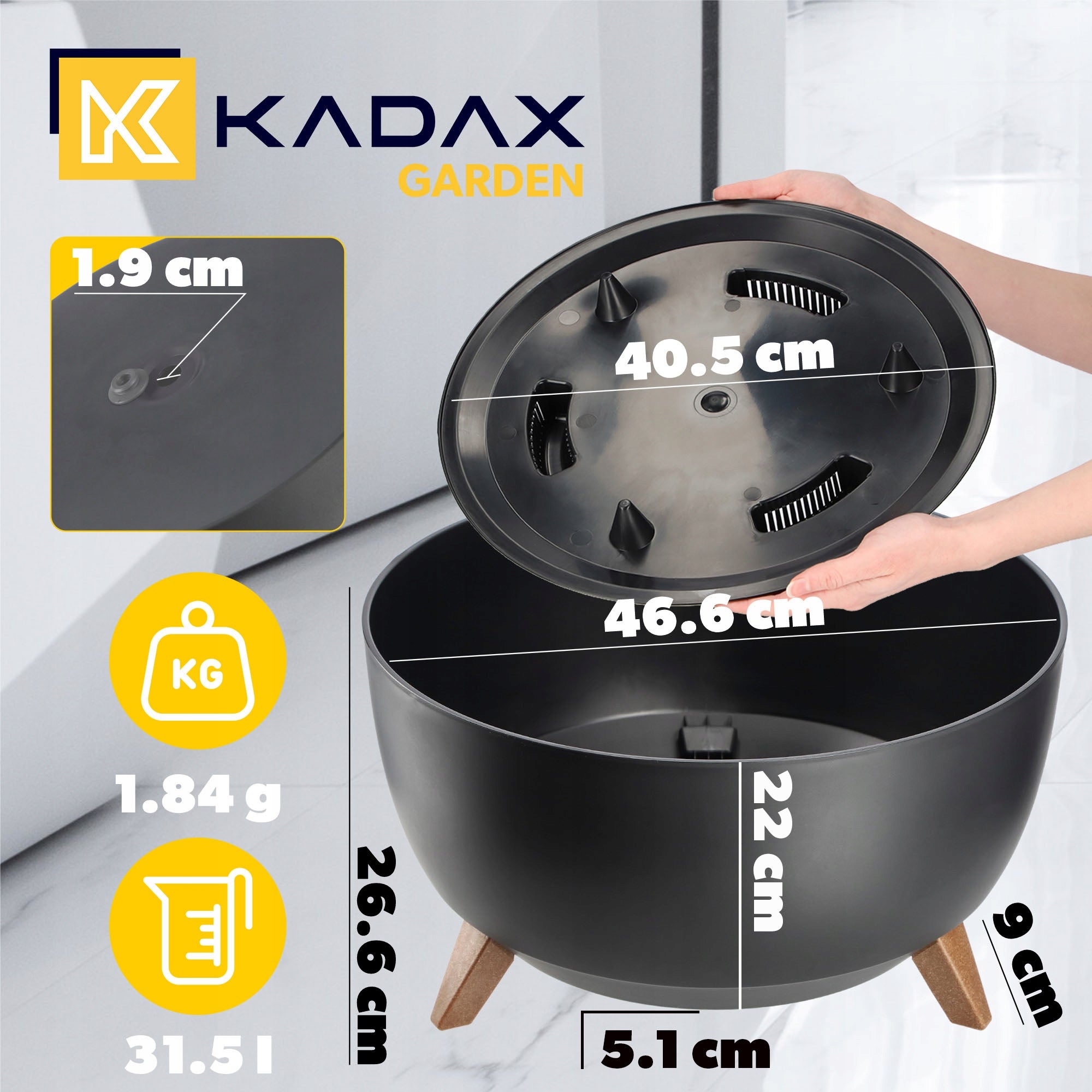 KADAX Pot de Fleur Pot de Fleur 47 cm Couvercle + Pieds d'insertion Support de Fleur Noir - 2