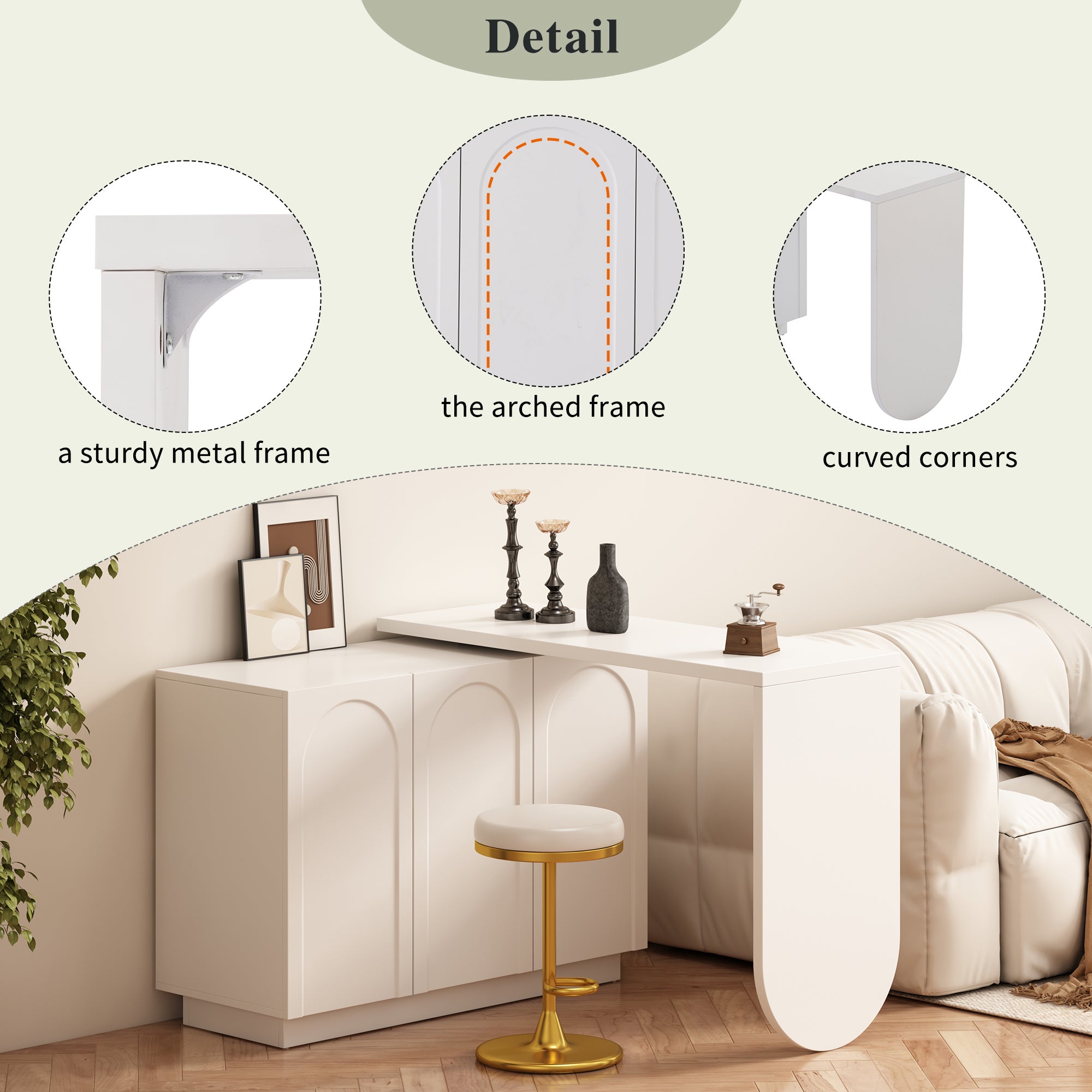 Bureau d'angle pivotant à 360° 170x38.5x75 cm avec 3 portes, étagères, en MDF, blanc - 8