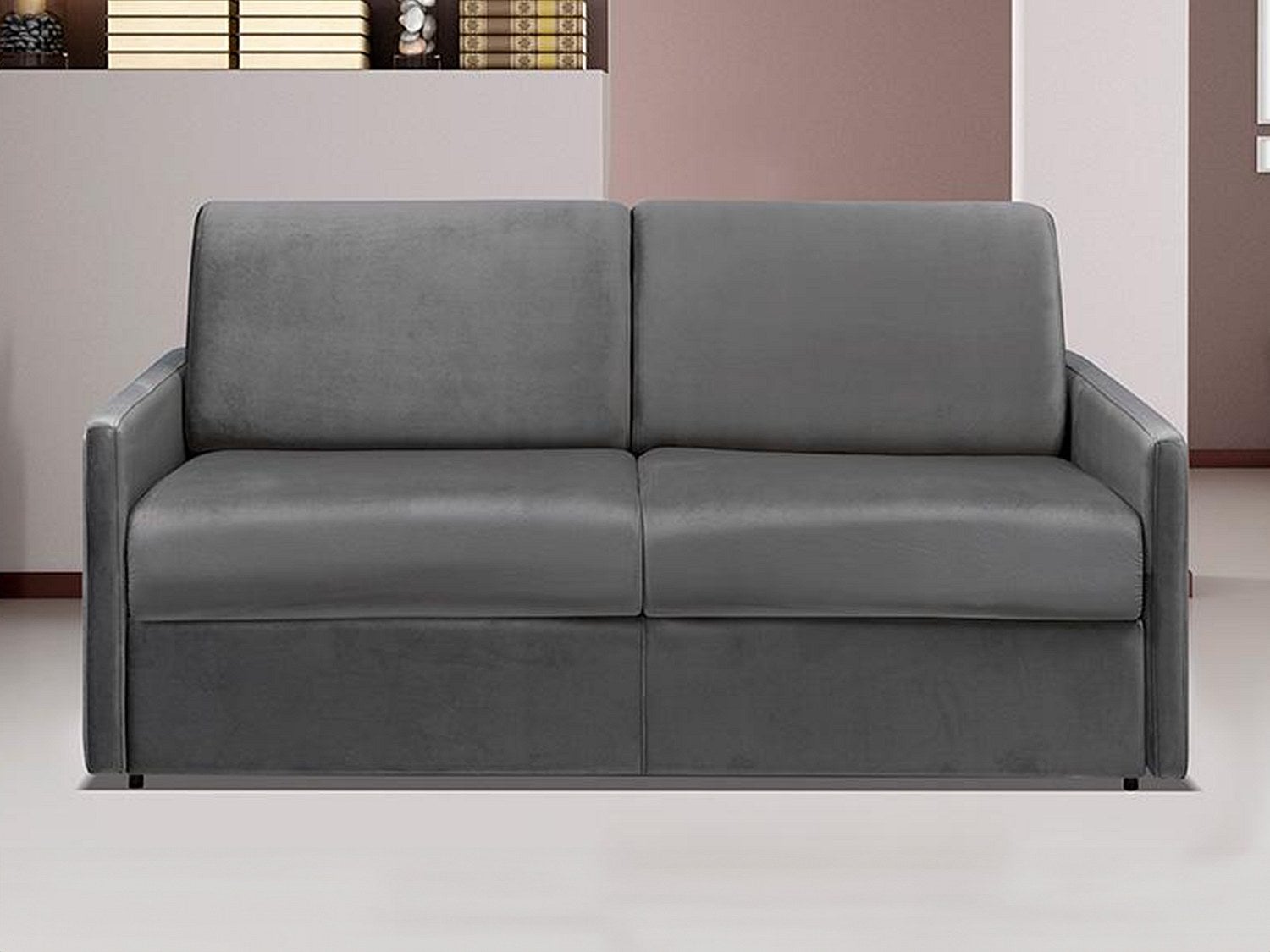 Kanapa 3-osobowa rozkładana typu expres z weluru CALIFE - Antracytowy - Miejsce do spania 140 cm - Materac 18 cm