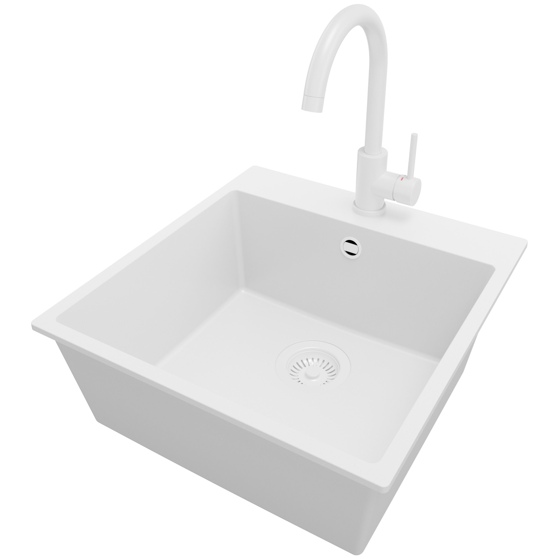 Zlewozmywak Granitowy Cały Biały 48x50cm, Zlew Kuchenny 1 Komorowy + Bateria 32x20cm + Syfon, Nablatowy do szafki od 50cm - Ryga PRIMAGRAN