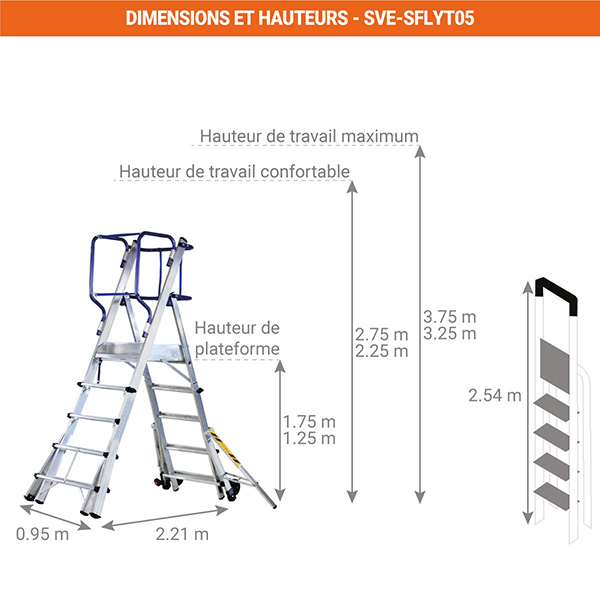 Escabeau PIRL 6 marches télescopique - Hauteur max. de travail 4.00m - Longueur pliée 2,82m - SVE-SFLYT06 - 2