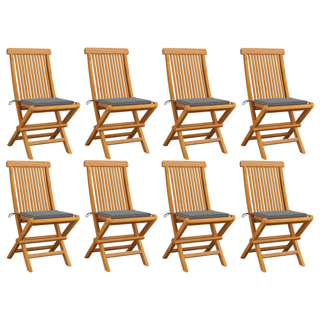 Chaises de jardin avec coussins gris 8 pcs Bois de teck massif - 2