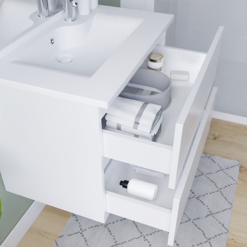 Meuble salle de bain suspendu 80 cm ROSALY INOX- Blanc- Plan vasque en Résine - 3