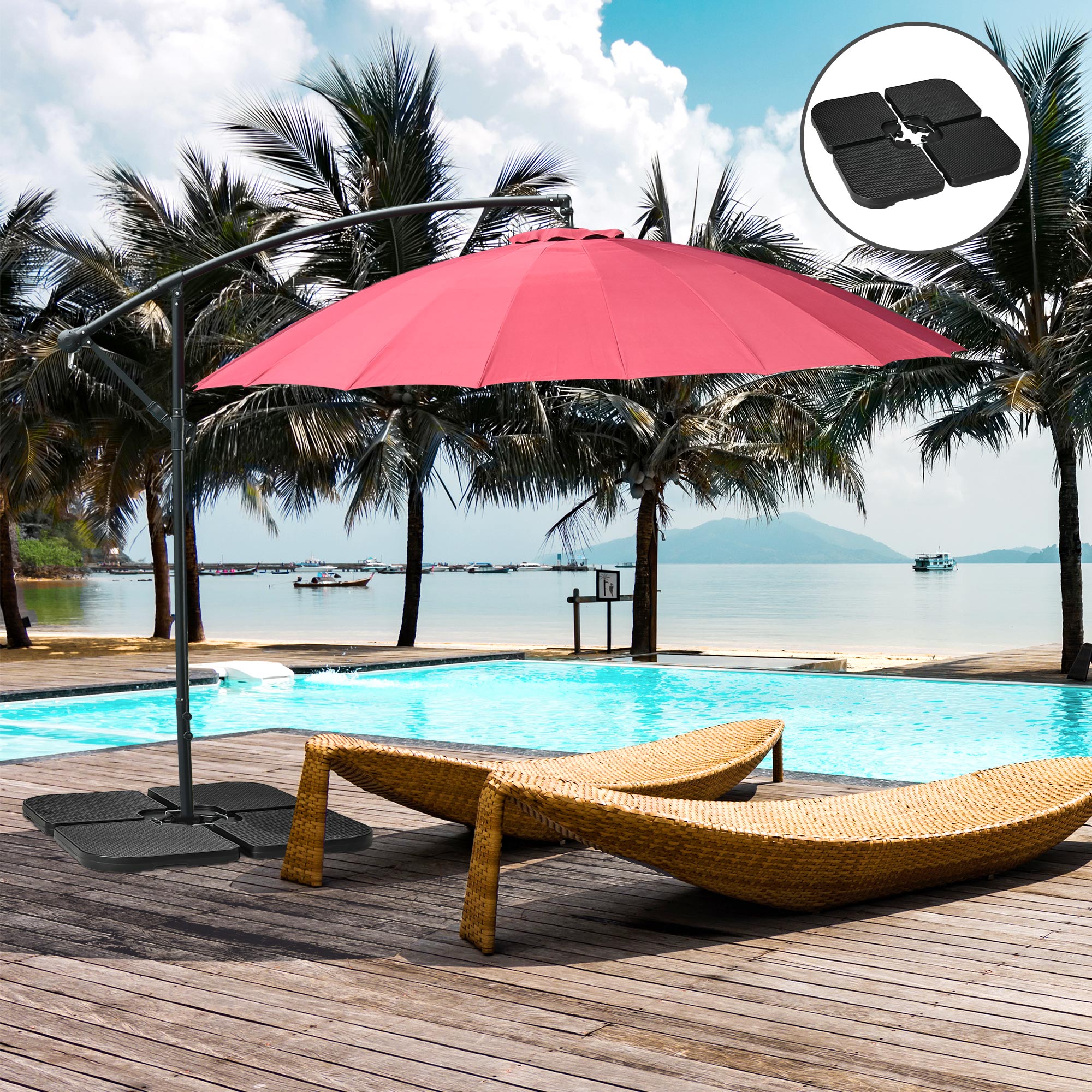 Poids de parasol 4 pièces, pour parasol déporté, remplissables de 80 kg de sable ou 60 kg d’eau, avec poignées, matériau HDPE, couleur noire - 9