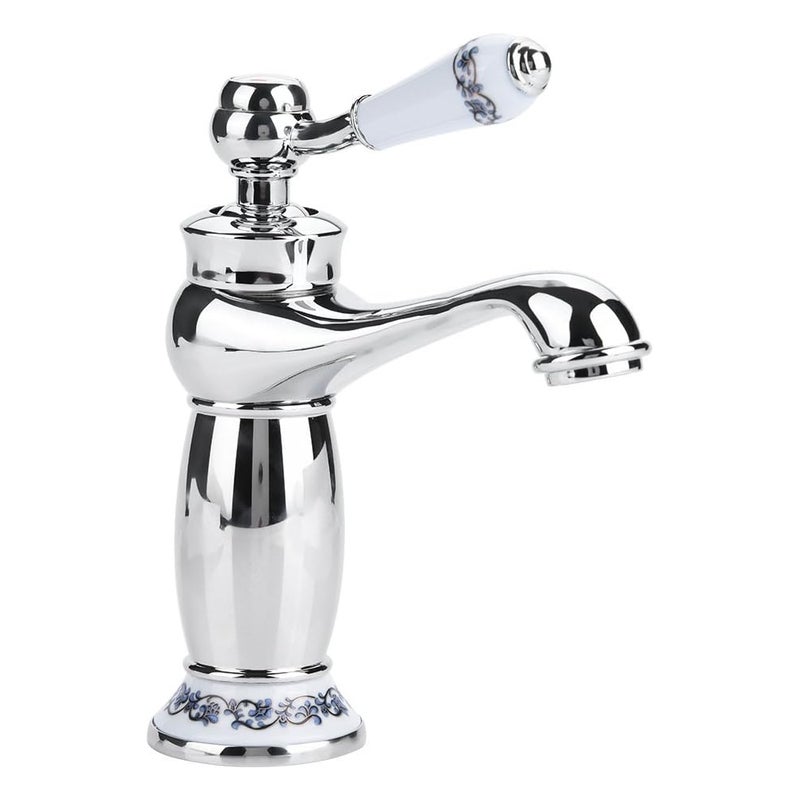 (Chrom) Z wężem o długości 60 cm, antyczny ceramiczny kran do umywalki łazienkowej z mosiądzu, zabytkowy porcelanowy kran z długą szyjką w kolorze ni