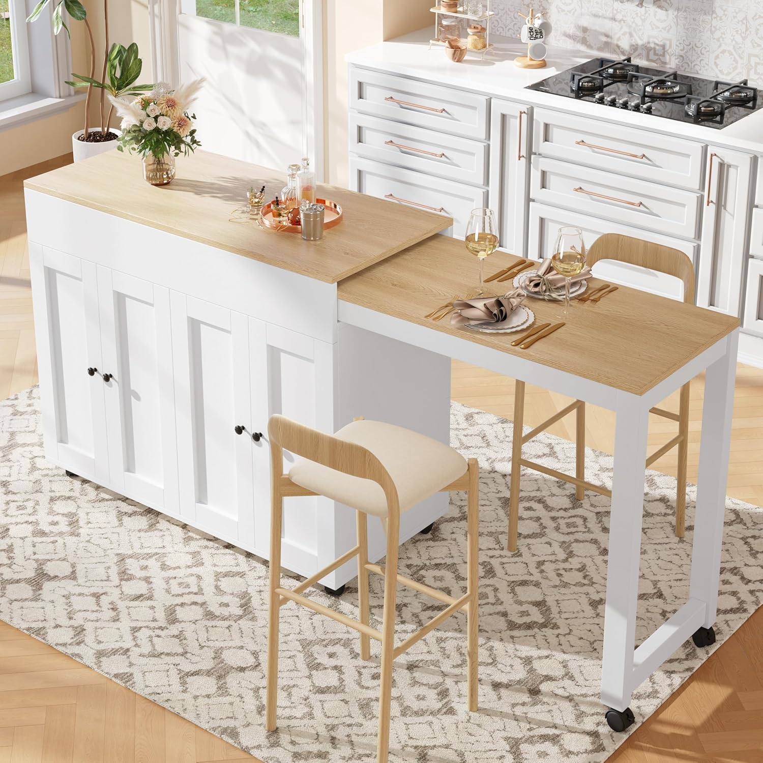 Mesa de bar extensible con amplio espacio de almacenamiento, mesa de bistró con ruedas y estantes ajustables, 118-180x50x94cm