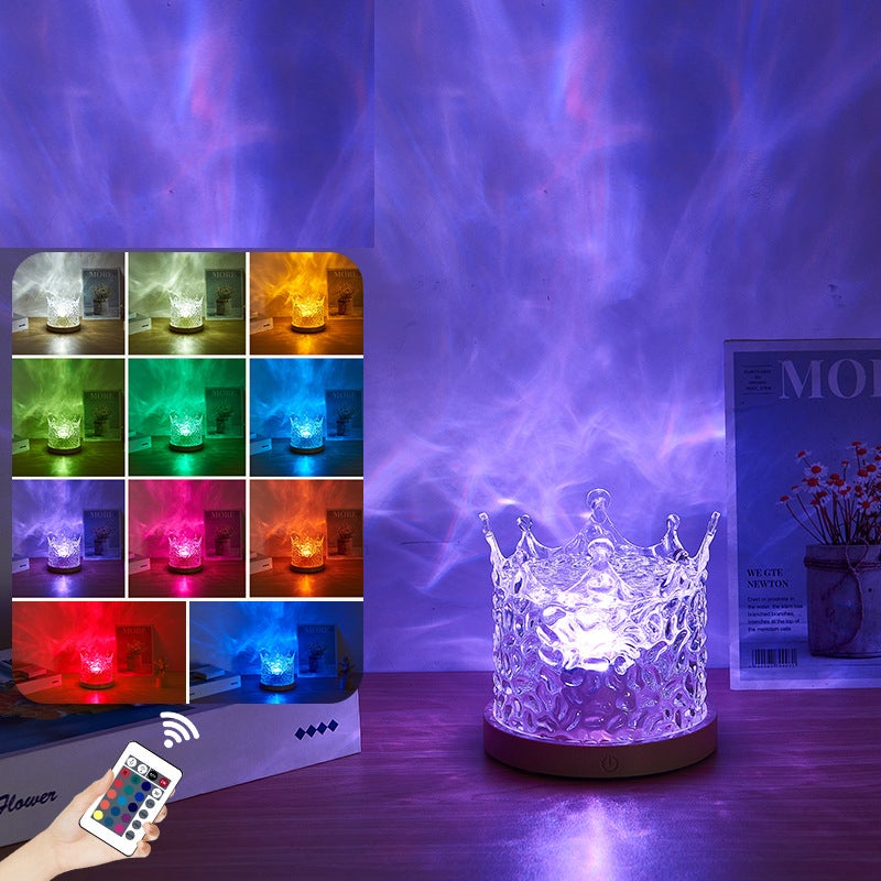 Lampa korona projektora, 16-kolorowe światło wodne z efektem płomienia, lampka nocna z pilotem, projektor podwodny, ładowalna