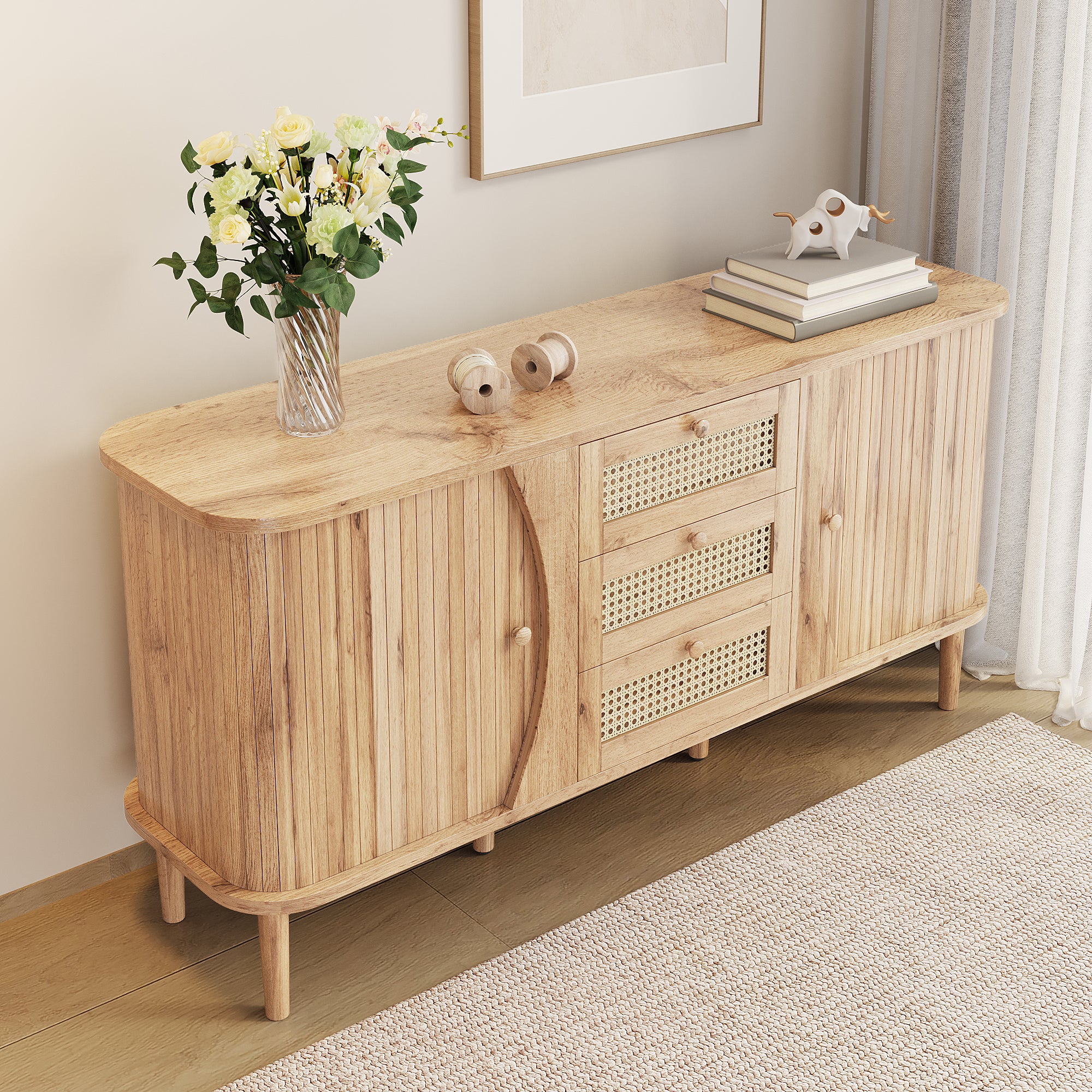 Buffet bas avec 3 tiroirs et 2 portes coulissantes en rotin - 140.5 x 40 x 76 cm - Panneaux de particules - Naturel - 6
