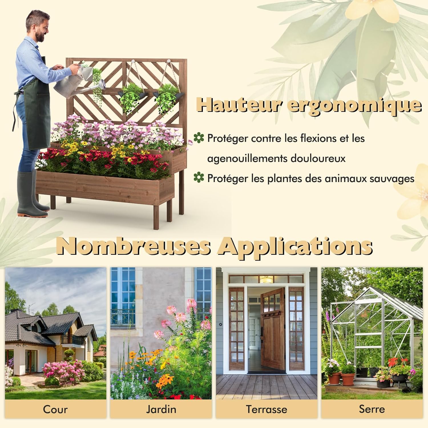 Bac avec Treiliis en Bois Sapin 144L, Jardinière Surélevée 2 Niveaux avec Trou de Drainage, 109 x 62 x 135 cm, Marron - 8