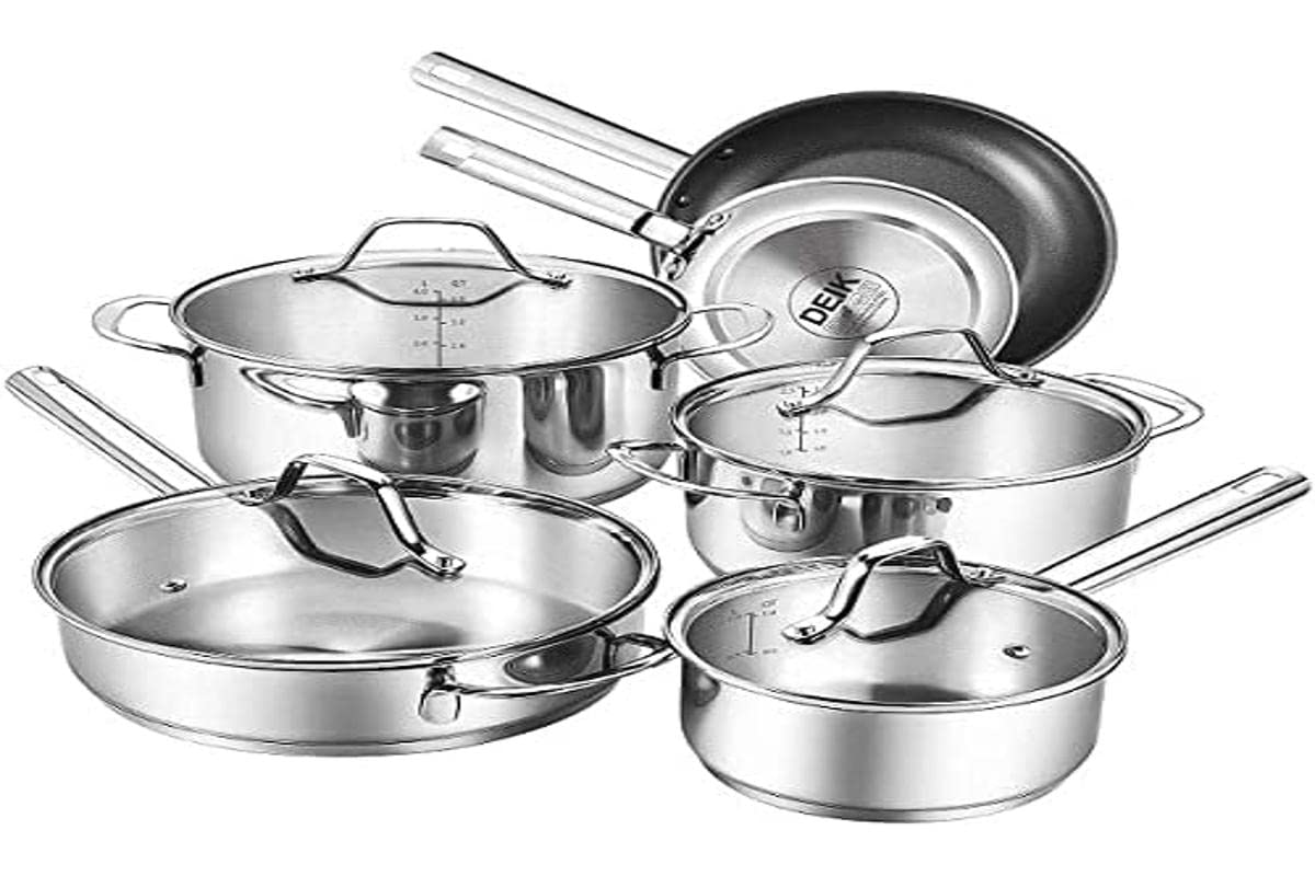 LOLYKITCH Set di padelle in acciaio inox a tre strati da 25,4 a 30,5 cm, padelle, padelle a induzione, lavabili in lavastoviglie e utilizzabili in forno, manico staccabile