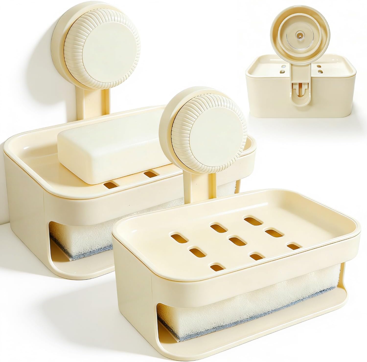 Zestaw 2 dwuwarstwowych mydelniczek ściennych z odpływem, przyssawkami (nie wymaga wiercenia), ze zintegrowaną gąbką, kremowo-biały