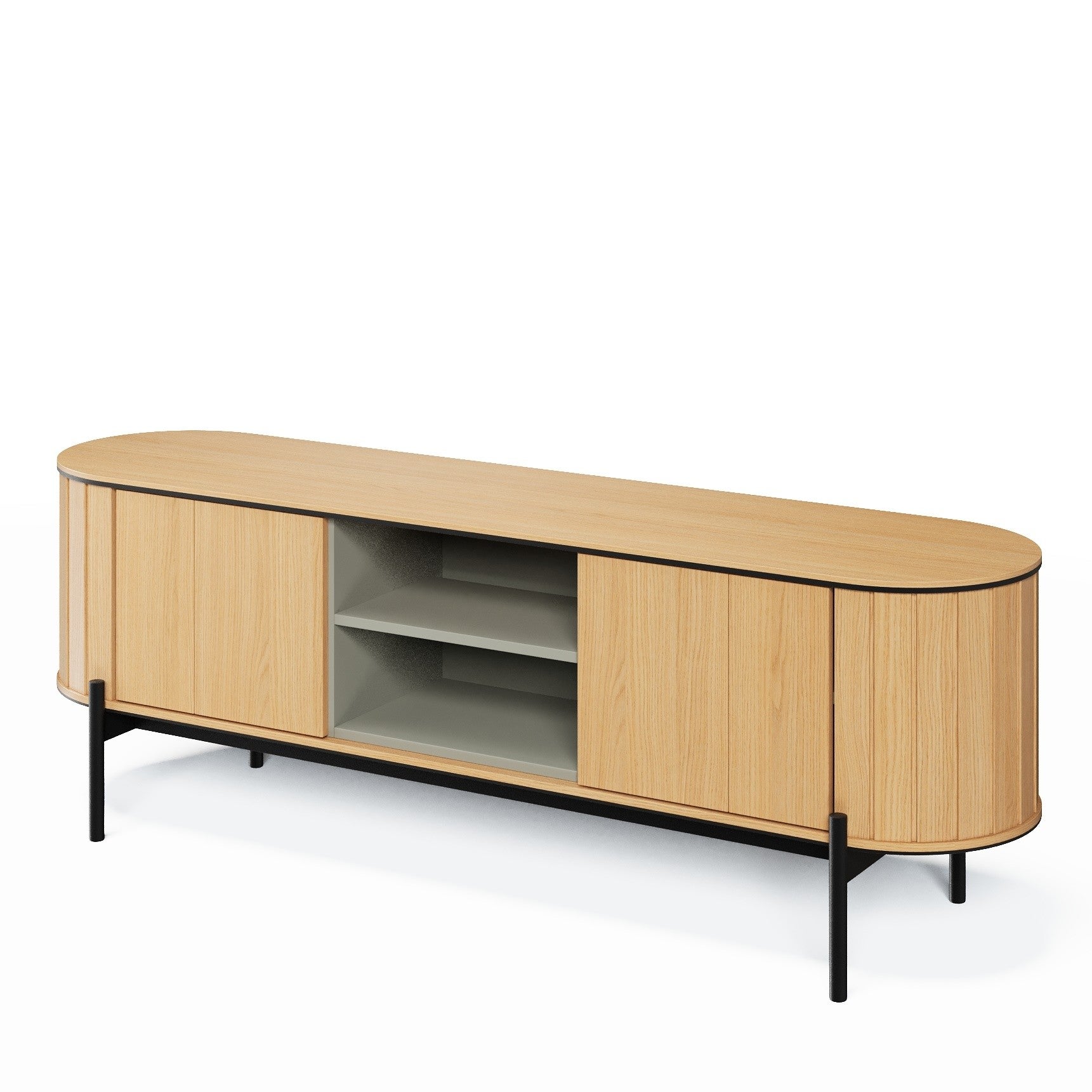 Szafka RTV dwudrzwiowa ROTTO z zaokrąglonymi bokami na czarnych nóżkach – elegancki design