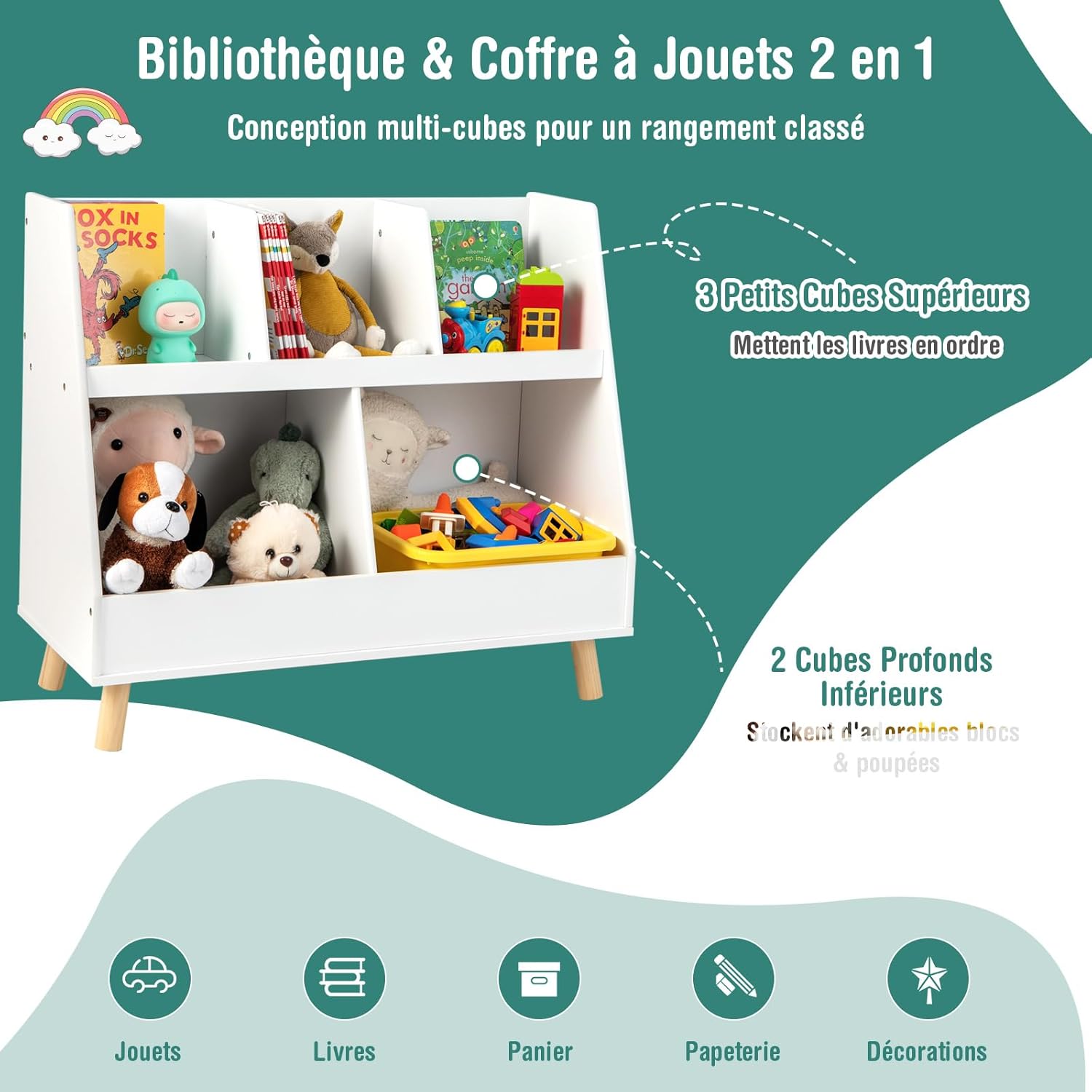 Libreria per Bambini a 5 Cubi, Scaffale Portagiochi a 2 Livelli con Gambe in Legno e Kit Antiribaltamento, per Stanza dei Giochi Camera da Let - 4