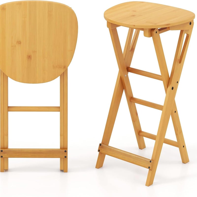 Zestaw 2 Składanych Stołków Barowych z Bambusa, Wysokie Stołki Barowe do Kuchni z 3-Stopniowym Podnóżkiem, do Bistro, Kawiarni, Kuchni