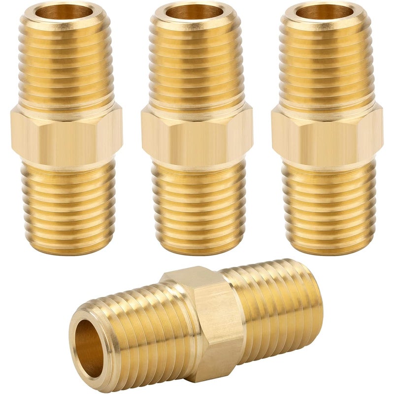 Złączki sześciokątne męskie 1/4 NPT x 1/4 NPT z litego mosiądzu, złączki adapterowe do rur z litego mosiądzu, złącza o jednakowych końcach, 4 sztuki