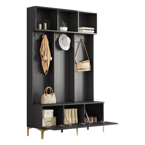 Ensemble armoire avec banc, banc de rangement multifonctionnel, rangement ouvert, 6 crochets, convient pour couloir, salon L120/P40/H191,5CM - 2