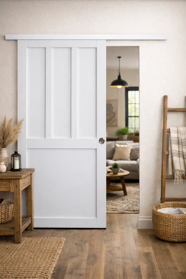 Porte Coulissante Atelier 2 Panneaux Blanc H204 X L73 Cm, Rail Alu Bandeau Blanc, Coquilles Gd Menuiseries