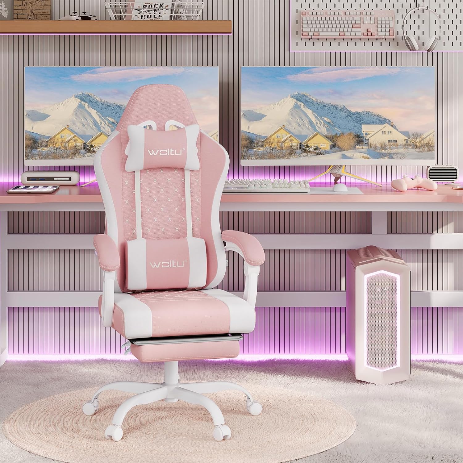 Chaise Gaming Massante WOLTU, Fauteuil Gamer, avec Coussin à Ressorts, Soutien Lombaire Massant, Appui-tête, Repose-Pieds,Tissu Maille, Rose+Blanc - 2