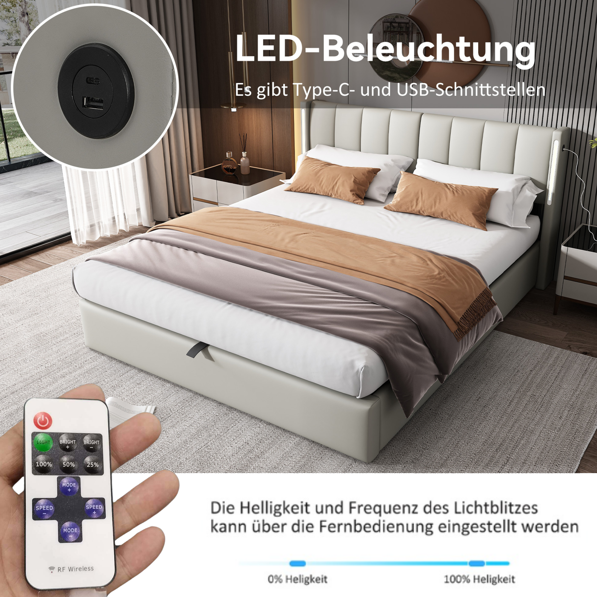 Cama Matrimonial 160x200 cm con Contenedor, USB + LEDs en ambos lados - Hidráulica Tapizada + Cabecero Ajustable, Somier de Láminas - PU + Gris - 4