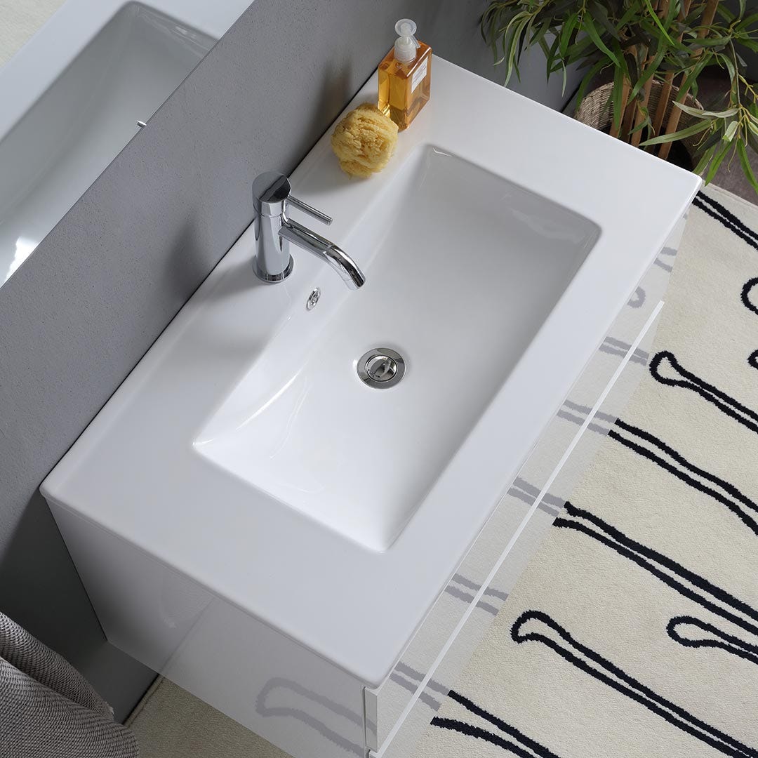Meuble de salle de bain suspendu blanc brillant 80cm 2 tiroirs | Benaco - 4