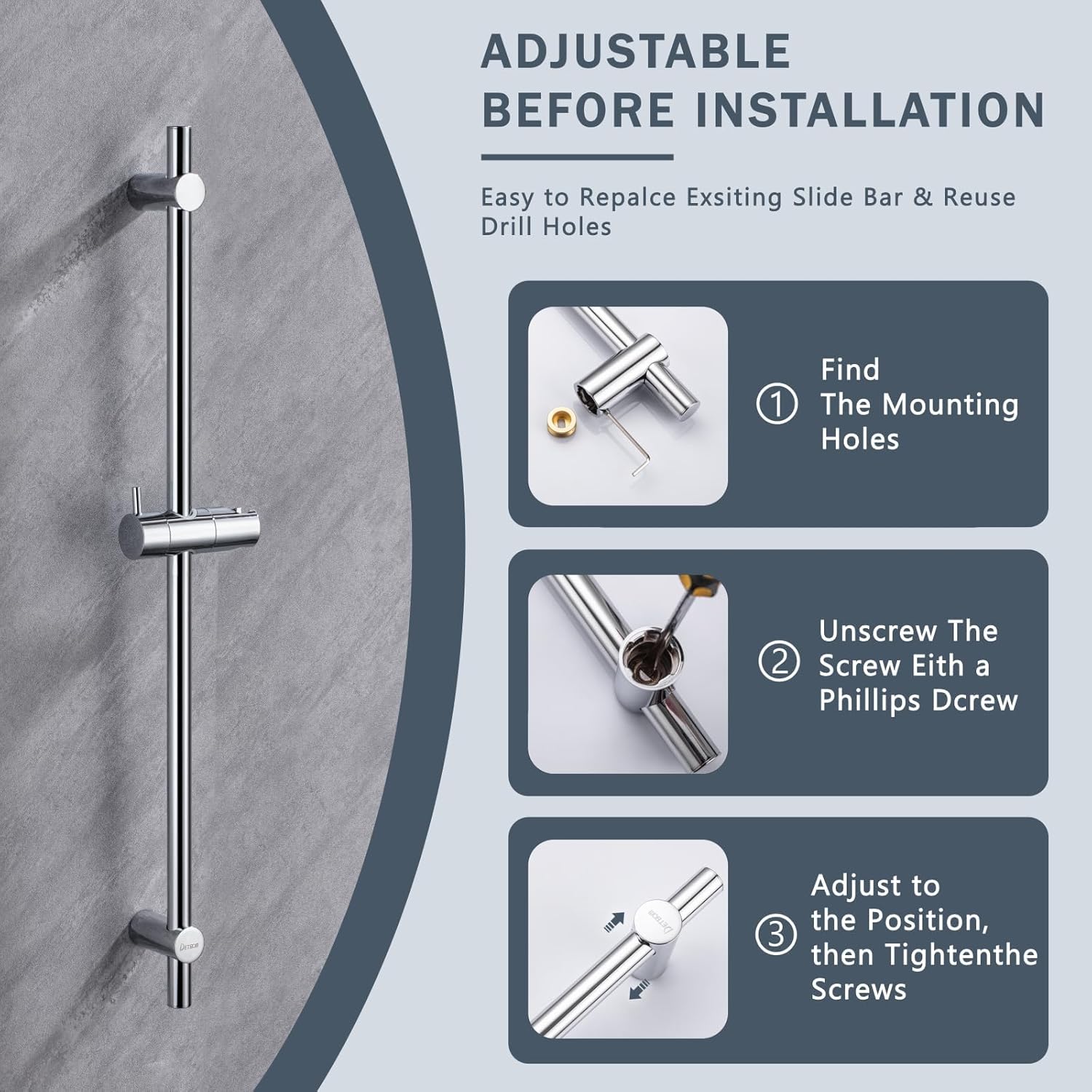 Barre de douche inox 70 cm – Support pommeau 360° – Fixations adaptables – Finition brossée élégante - 5