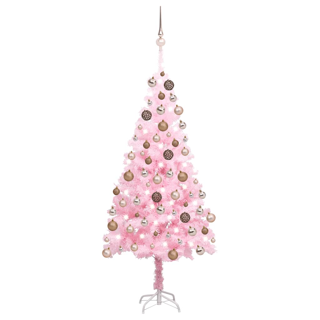 Sztuczna choinka z lampkami i bombkami, różowa, 150 cm, PVC vidaXL