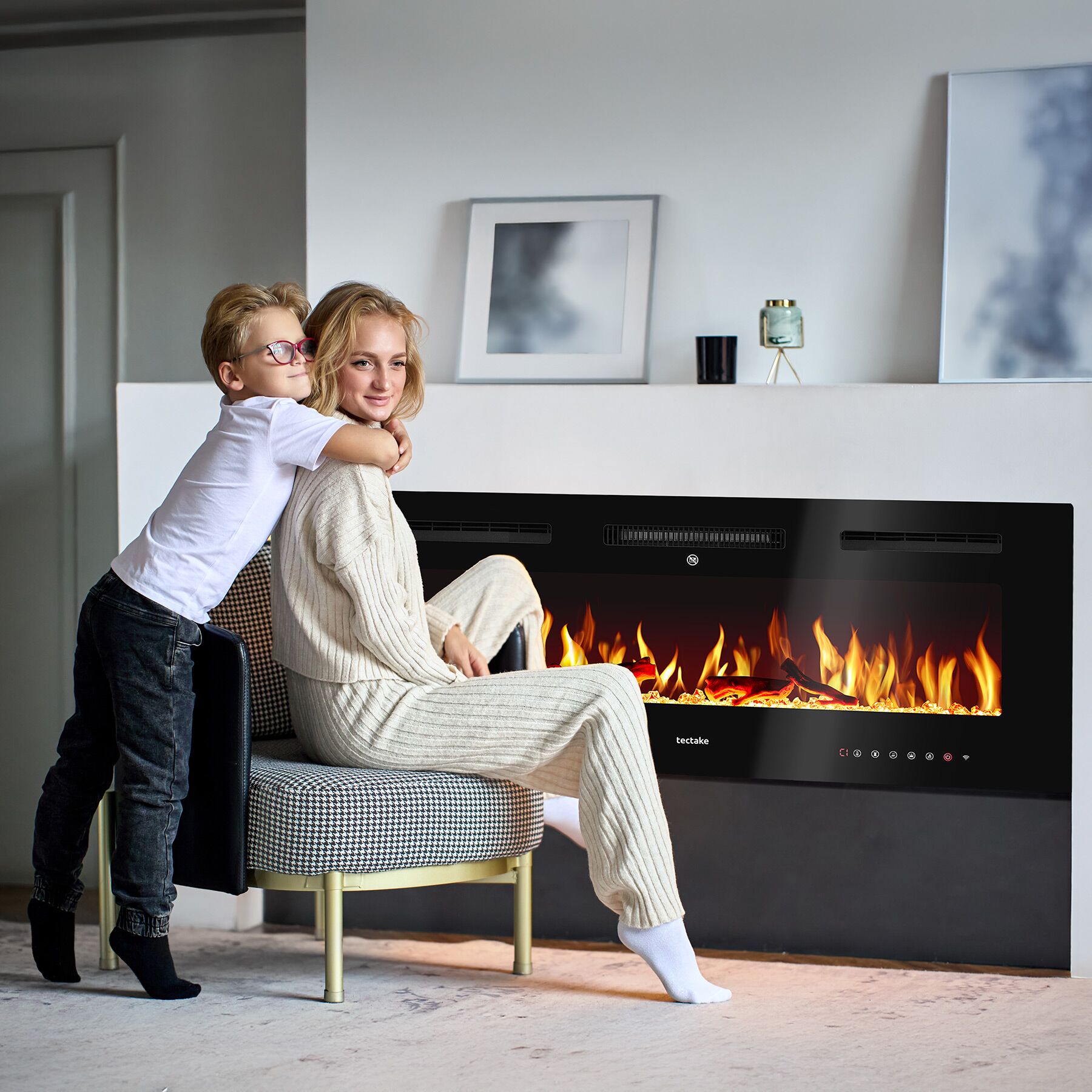 Chimenea eléctrica de pared luci, 2 niveles de calefacción (900w y 1800w), efecto llama, 106,5x12x43 cm, negro tectake
