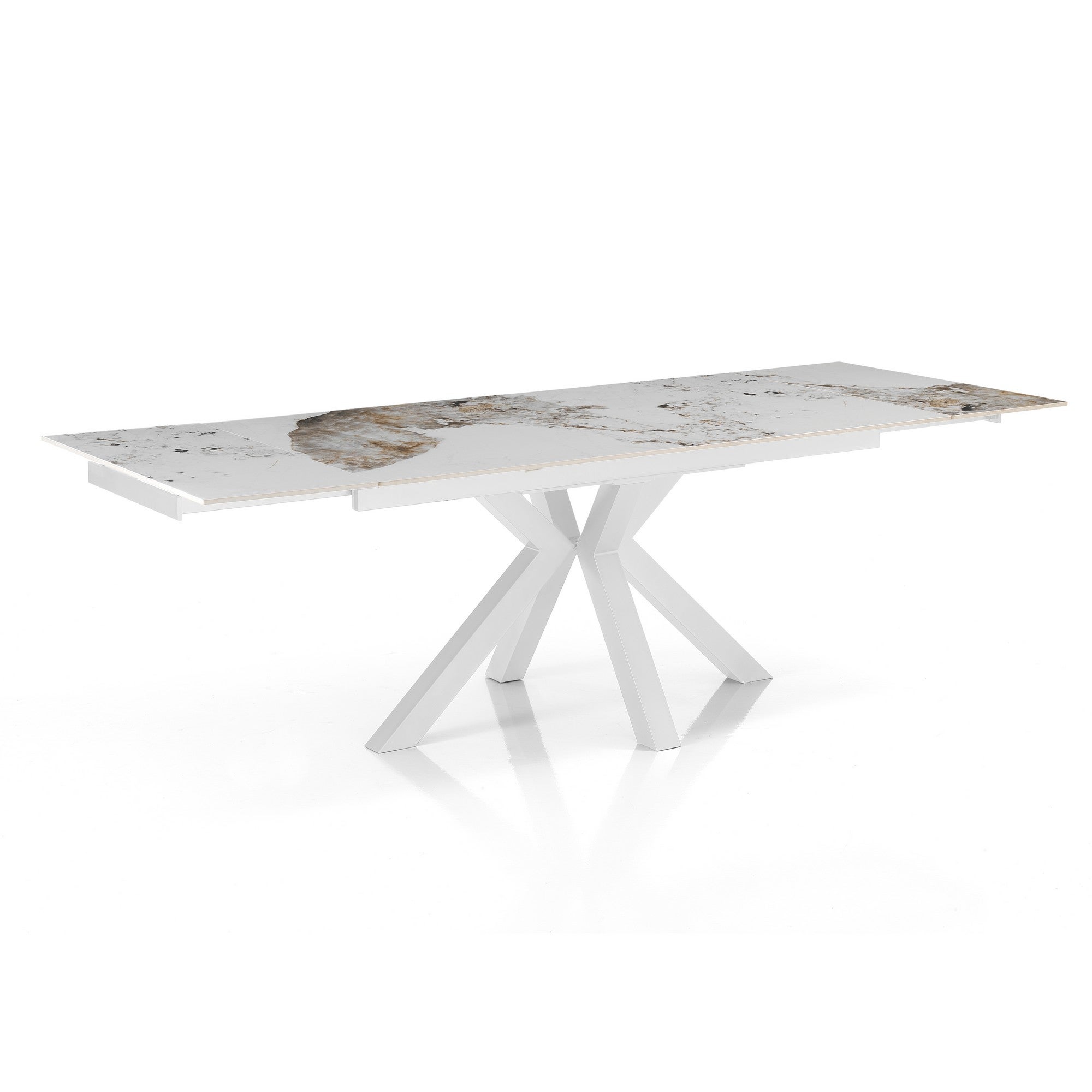 Stół rozkładany TYCHI ONICE WHITE – matowy biały metal, ceramika marmurowa Onyx, wys. 74 cm, szer. 160/200/240 cm, 8/10 miejsc, do jadalni