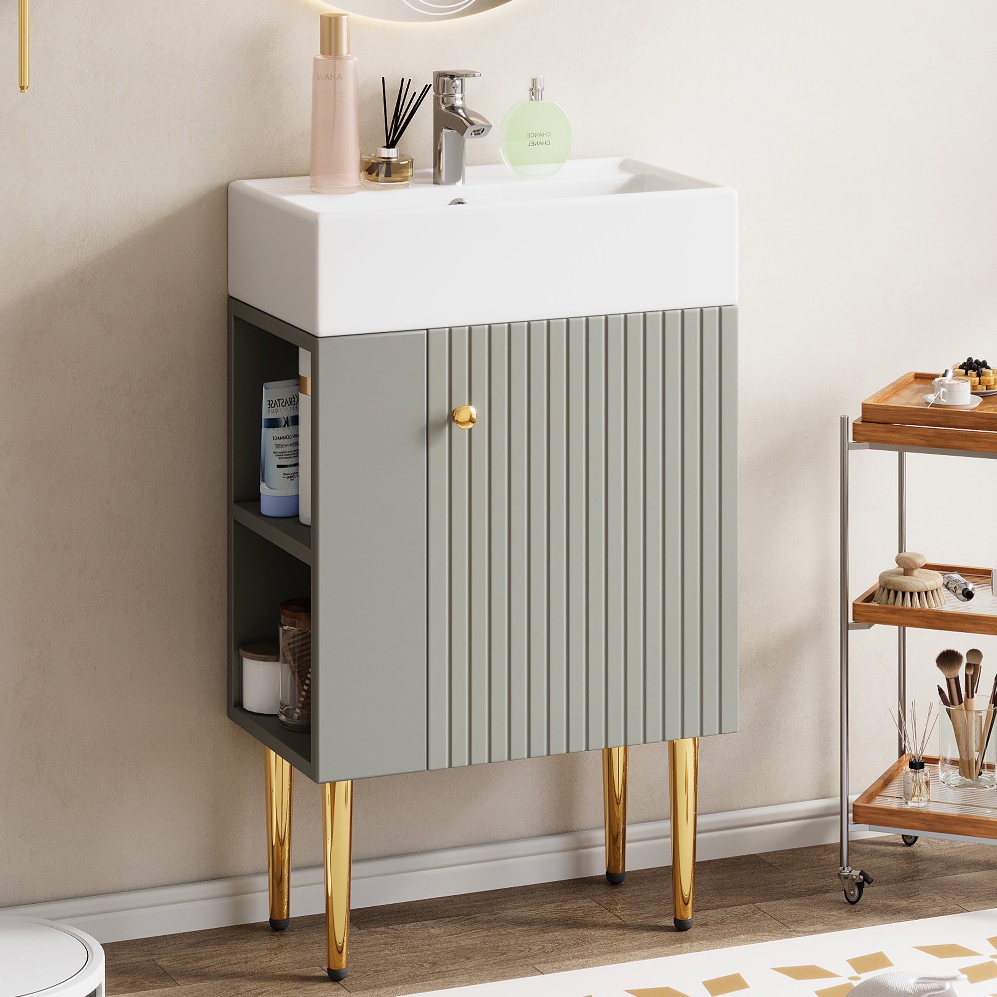 Set Mobile Bagno 50 Cm Con Lavabo E Specchio – Design Moderno, Rovere, Ante Soft-close - 2