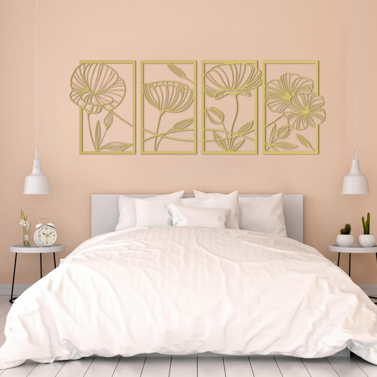 Lot de 4 décorations murales métal doré, 24x40cm. Sculptures murales modernes ligne unique fleur de lotus. Pour maison, bureau, salon, hôtel - 4