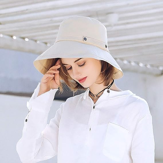 Chapeau de soleil en coton à large bord pour femme, protection UV UPF 50, pliable, kaki 25*20 cm - 5