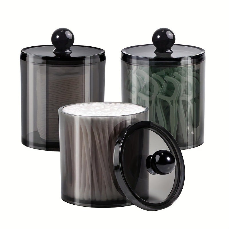 3 Boîtes Coton-Tiges Noires Avec Couvercle Bambou - Distributeur Organisateur Salle De Bain