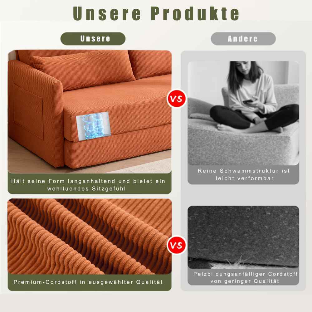 Sofá cama moderno laranja 2 lugares, tecido poliéster, braços quadrados, com almofadas lombares e bolsos, ideal para sala de estar - 5