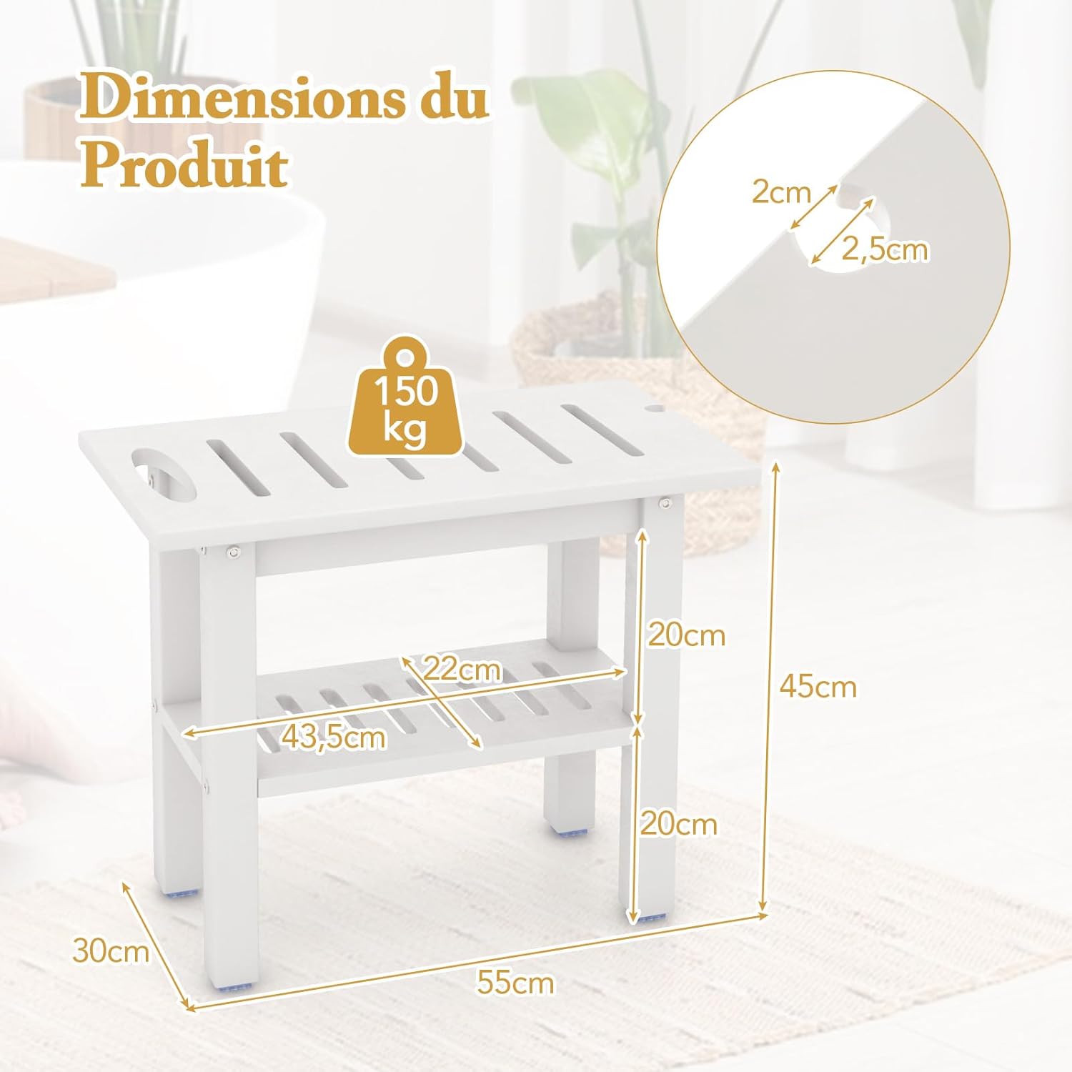 Tabouret Salle de Bain, Banc de Douche à 2 Niveaux en HDPE, Support de Douche, Poignée, Patins Antidérapants, 55 × 30 × 45 cm, Blanc - 3